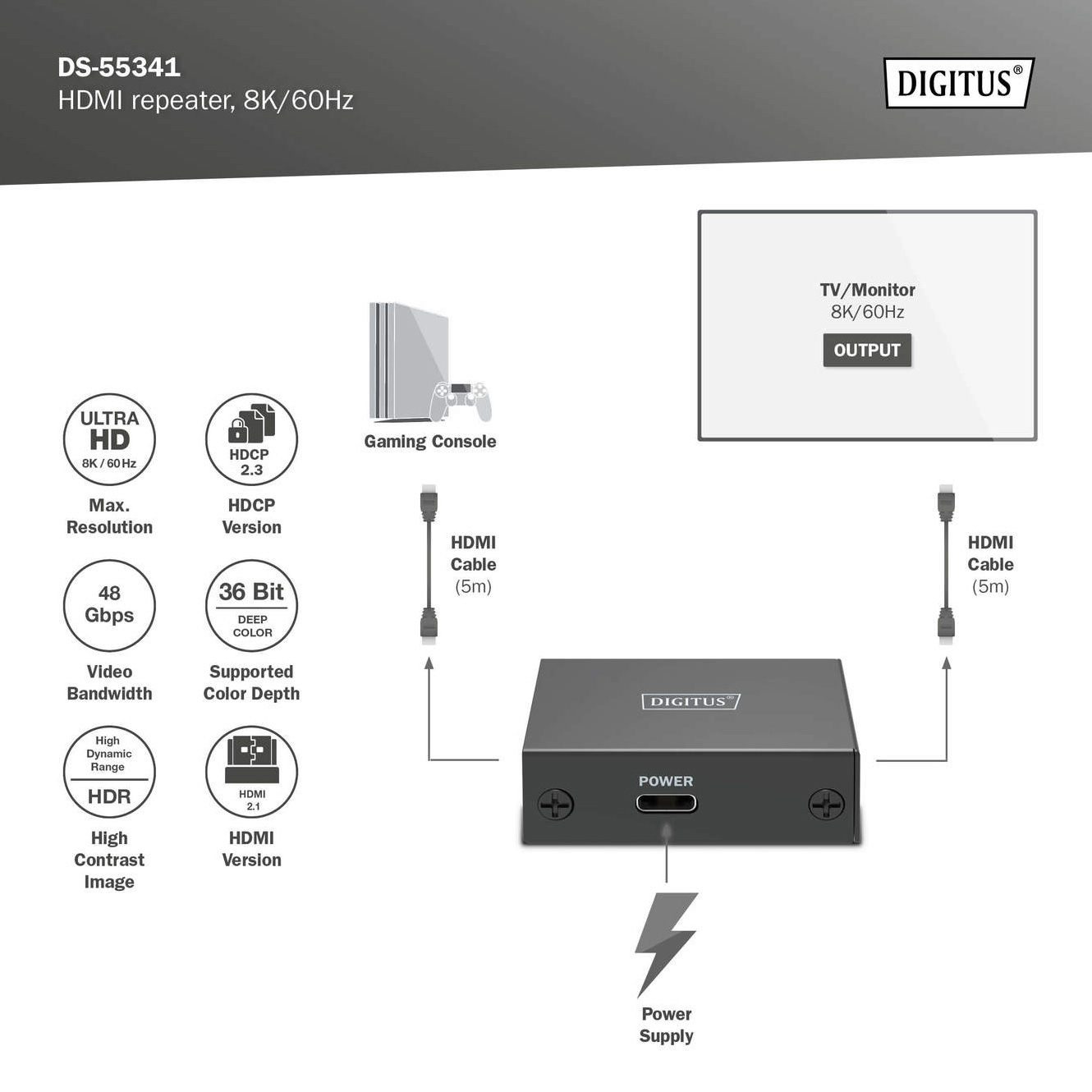 Ретранслятор DIGITUS 8K@60Hz HDMI v2.1 Black (DS-55341)