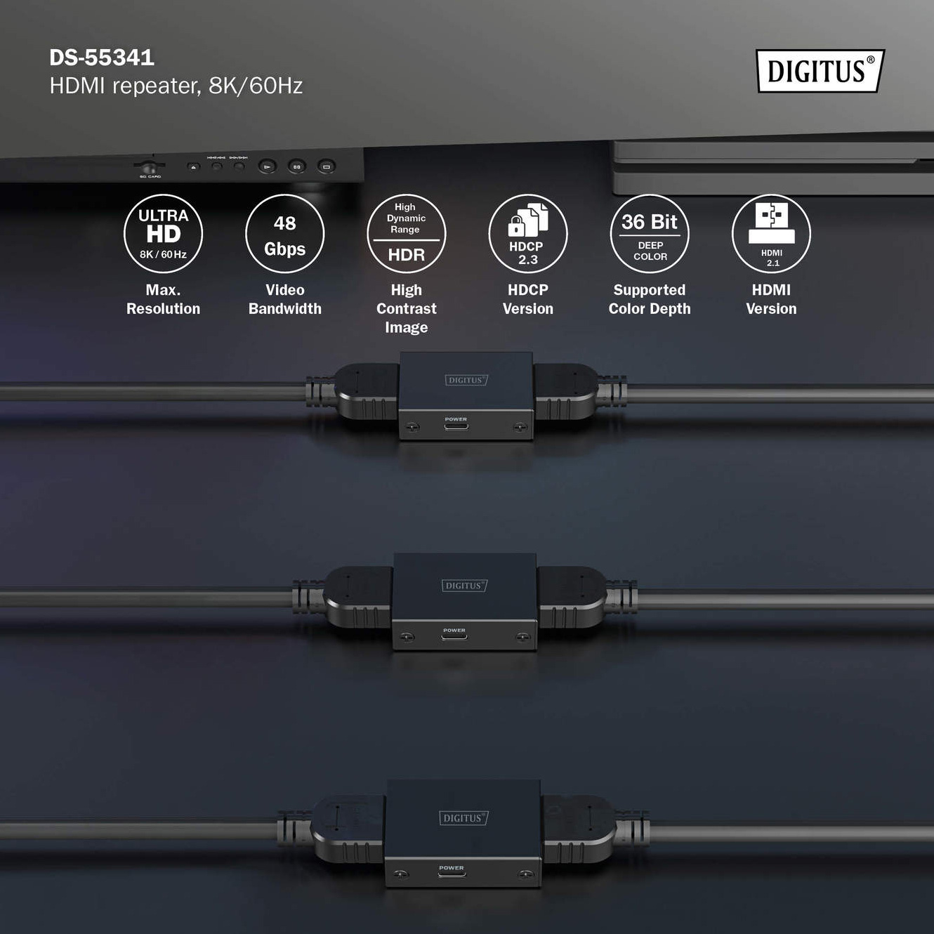 Ретранслятор DIGITUS 8K@60Hz HDMI v2.1 Black (DS-55341)