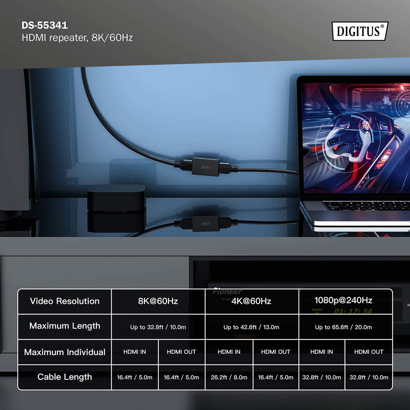 Ретранслятор DIGITUS 8K@60Hz HDMI v2.1 Black (DS-55341)