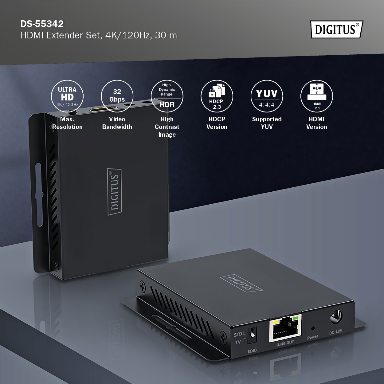Удлинитель HDMI по витой паре DIGITUS 4K@120Hz Extender Set v2.1 Black (DS-55342)