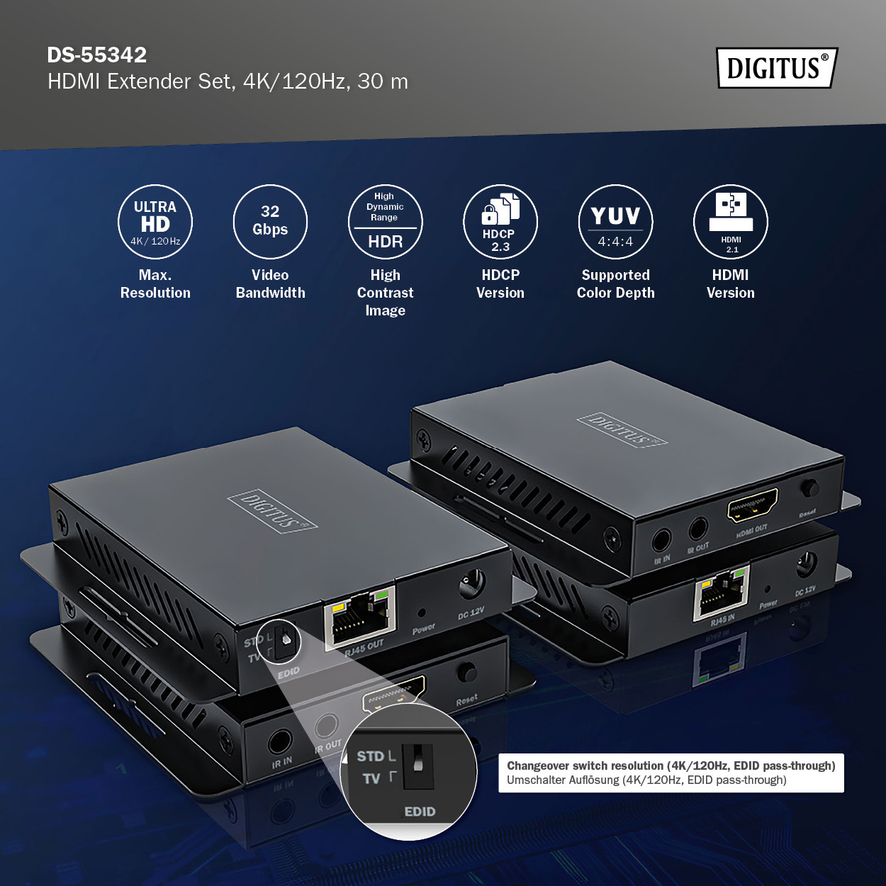 Удлинитель HDMI по витой паре DIGITUS 4K@120Hz Extender Set v2.1 Black (DS-55342)