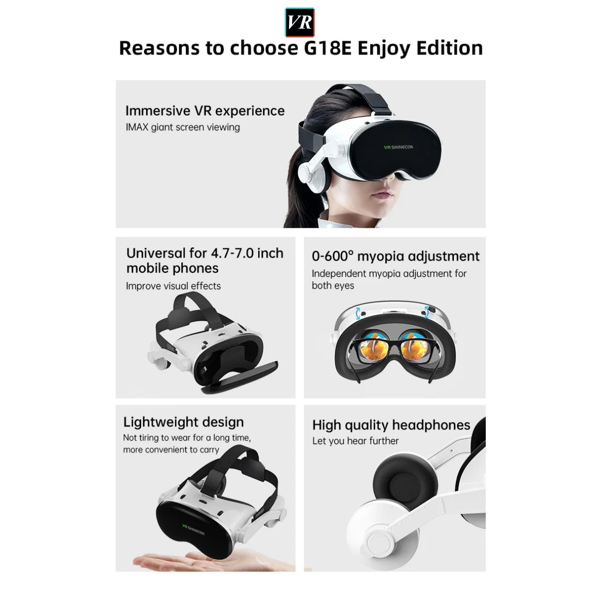 VR окуляри для смартфона з навушниками SHINECON SG-G18E White