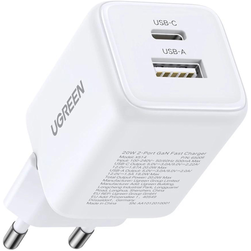 Зарядний пристрій UGREEN X514 20W 1xUSB-C, 1xUSB-A GaN Fast Charger White (65006)