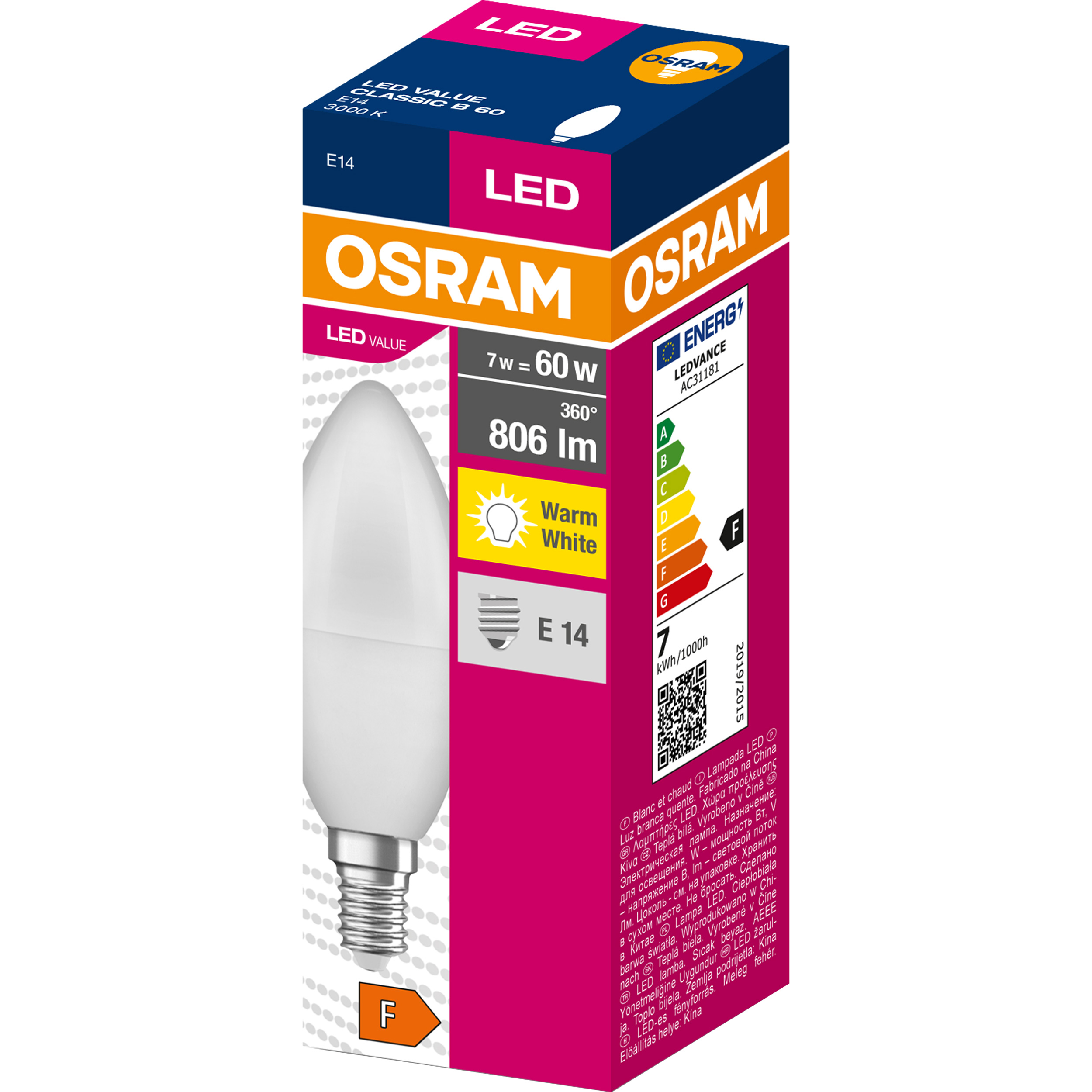 Лампочка LED OSRAM LED Value B60 E14 6.8W 3000K 220V (4058075628625)