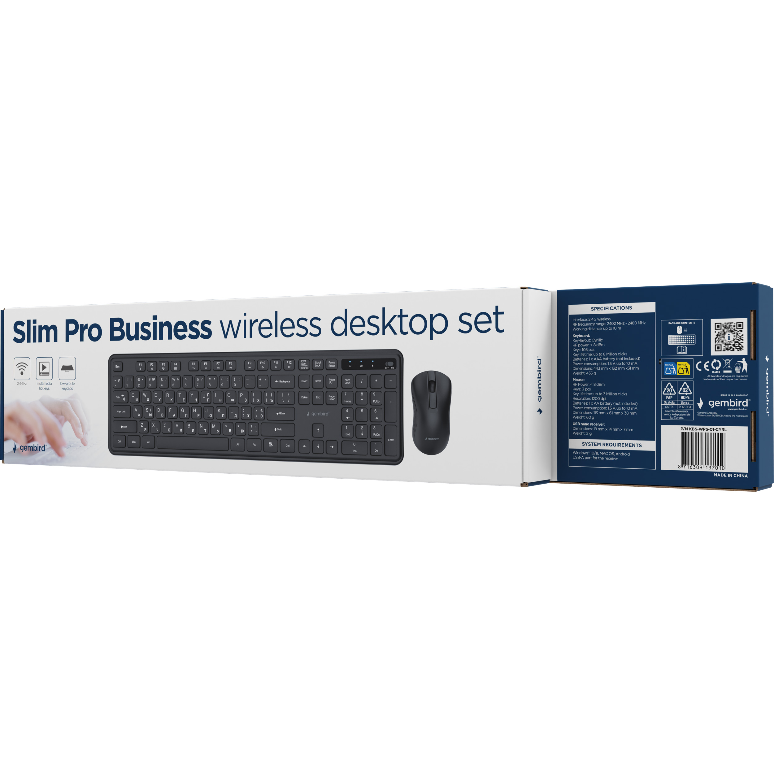 Комплект бездротовий GEMBIRD Slim Pro Business KBS-WPS-01-CYRL