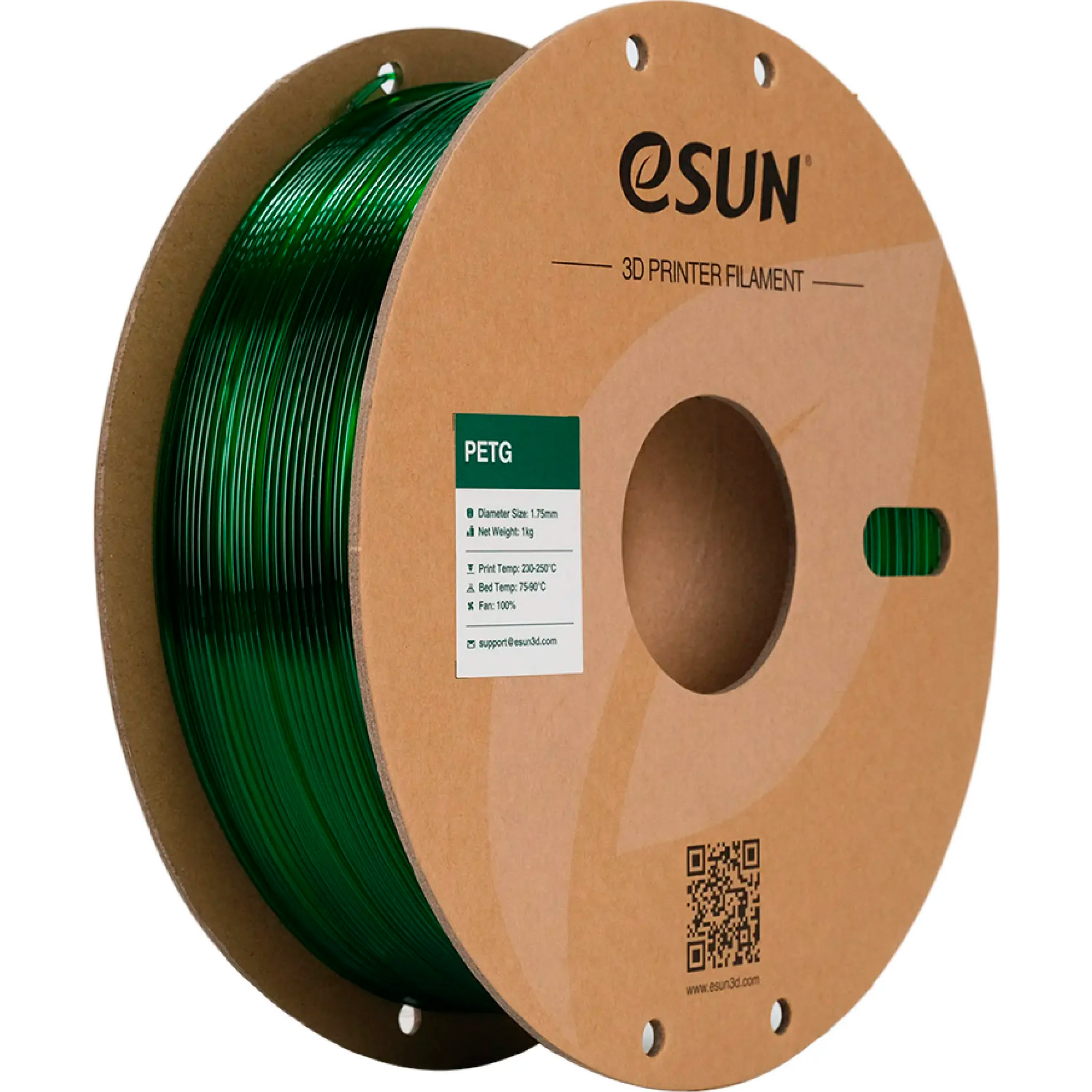 Пластик (филамент) для 3D принтера ESUN PETG 1.75mm, 1кг, Translucent Green (PETG-P175G1)