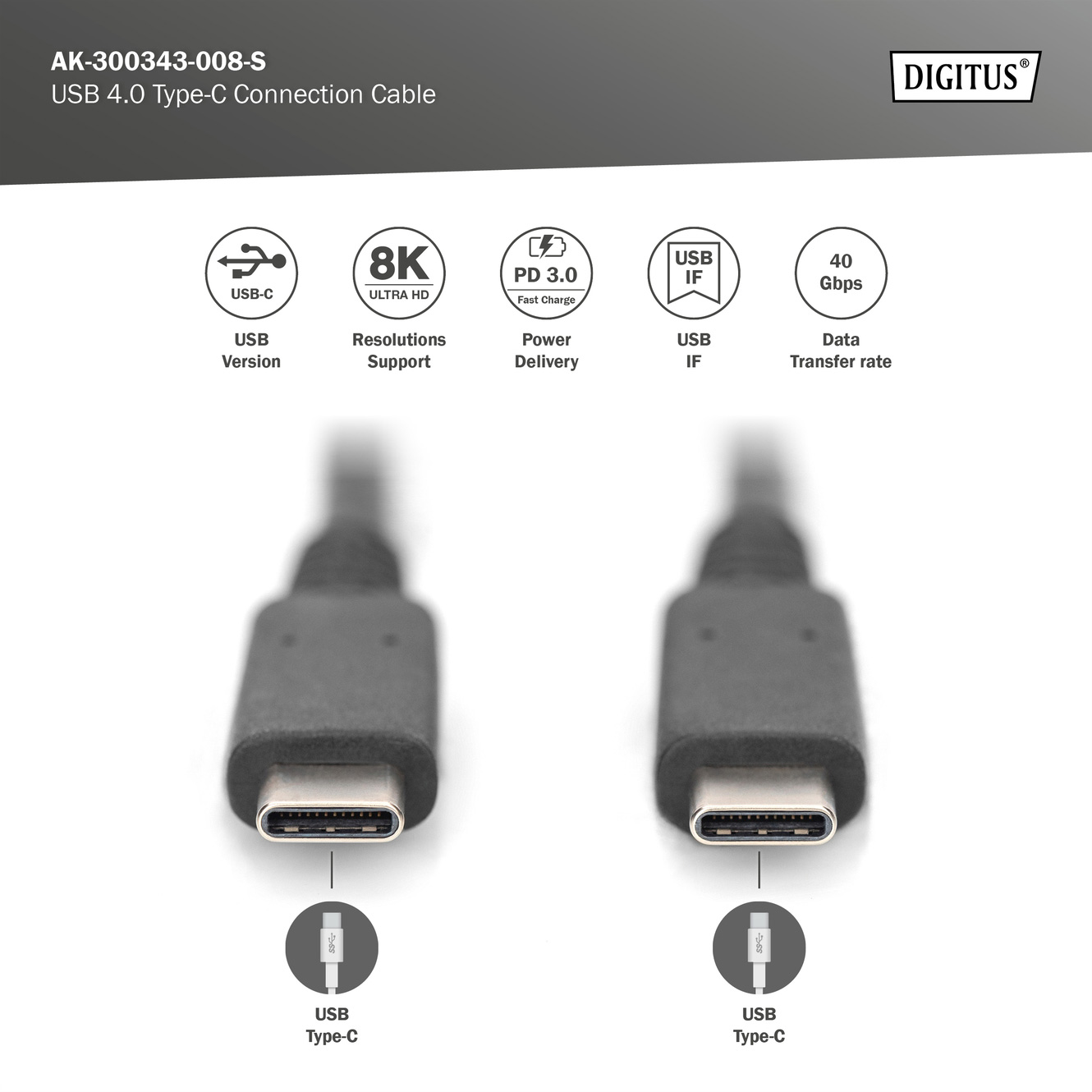 Кабель DIGITUS USB4 Gen3 CM/CM 1м (AK-300343-008-S)
