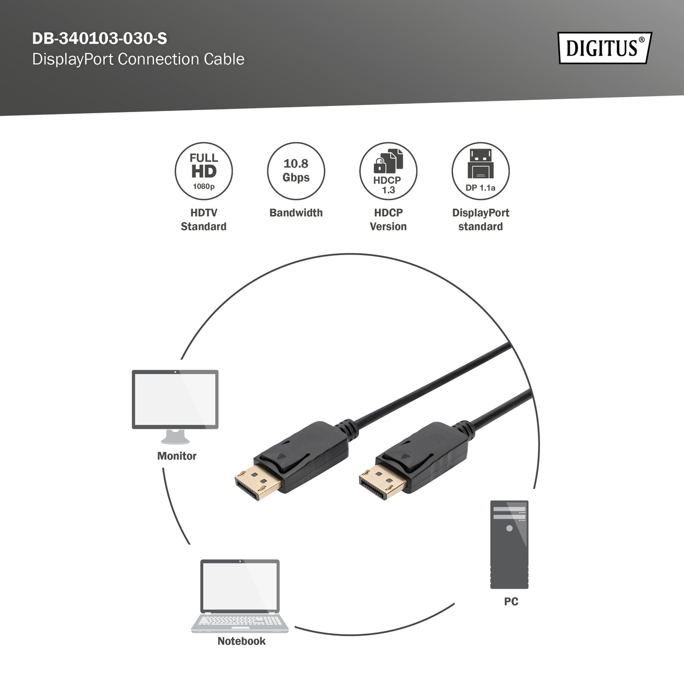 Кабель DIGITUS DisplayPort 3м Black (AK-340103-030-S)