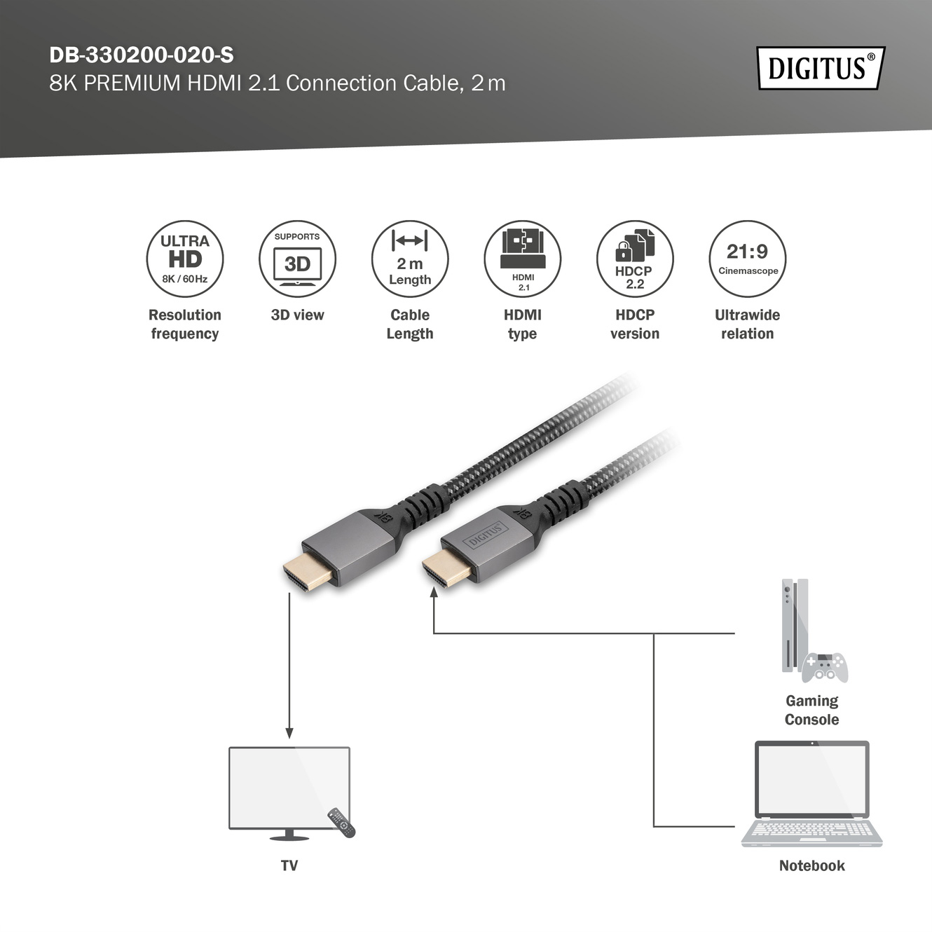 Кабель DIGITUS 8K Ultra High Speed HDMI v2.1 2м Black (DB-330200-020-S)
