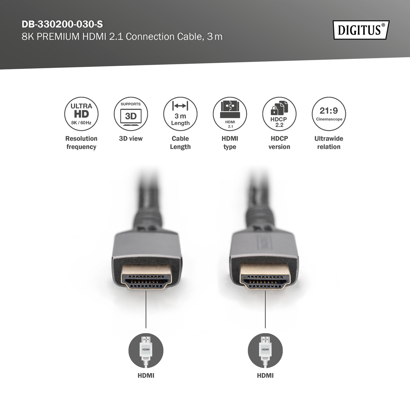 Кабель DIGITUS 8K Ultra High Speed HDMI v2.1 3м Black (DB-330200-030-S)