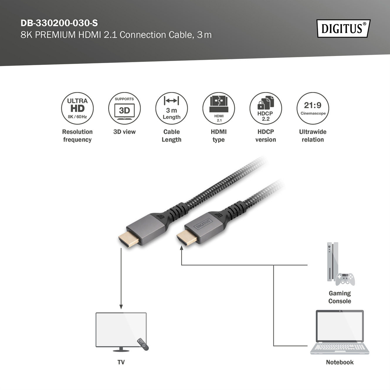 Кабель DIGITUS 8K Ultra High Speed HDMI v2.1 3м Black (DB-330200-030-S)
