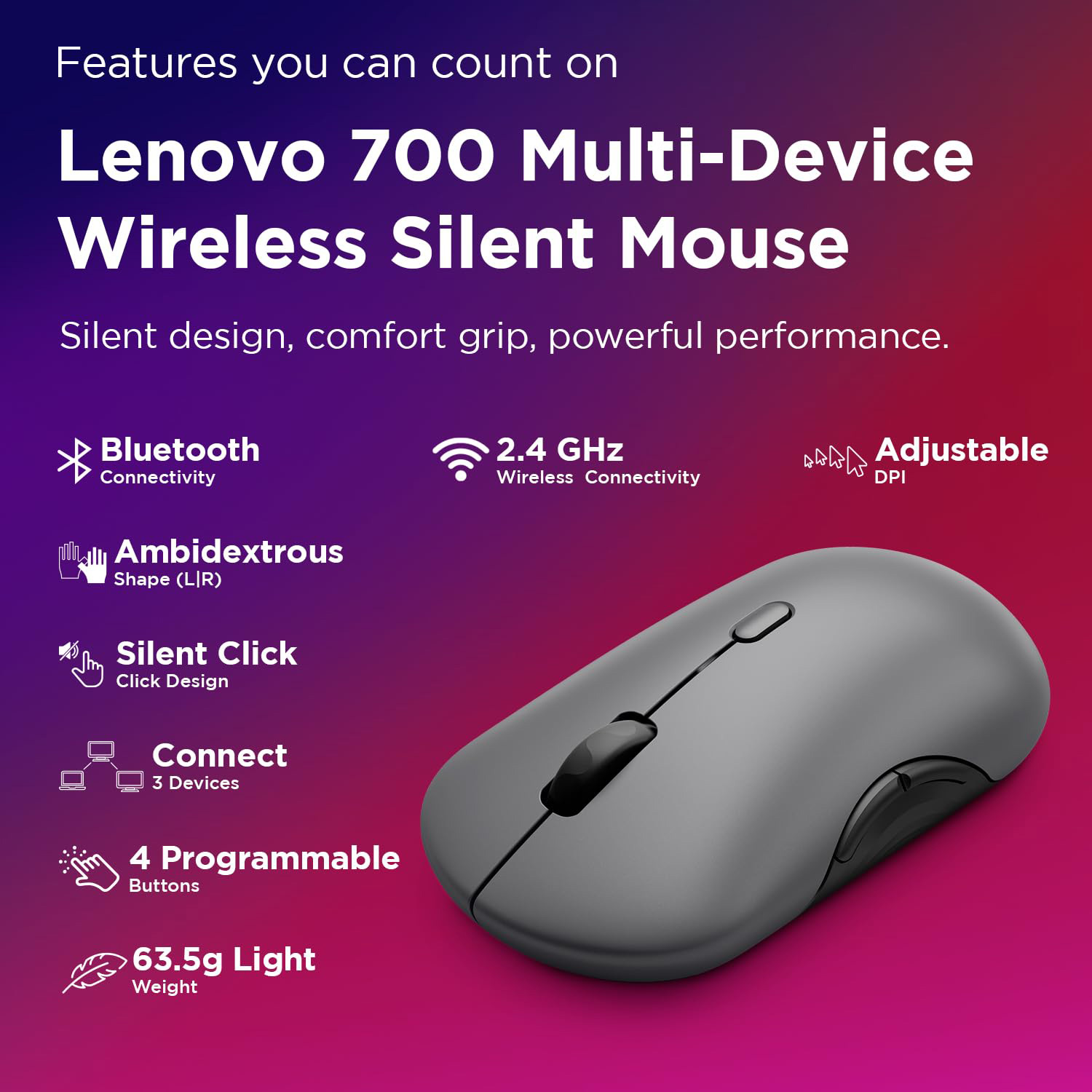 Миша LENOVO 700 Multi-Device Wireless Silent Mouse Luna Gray (GY51S61898)