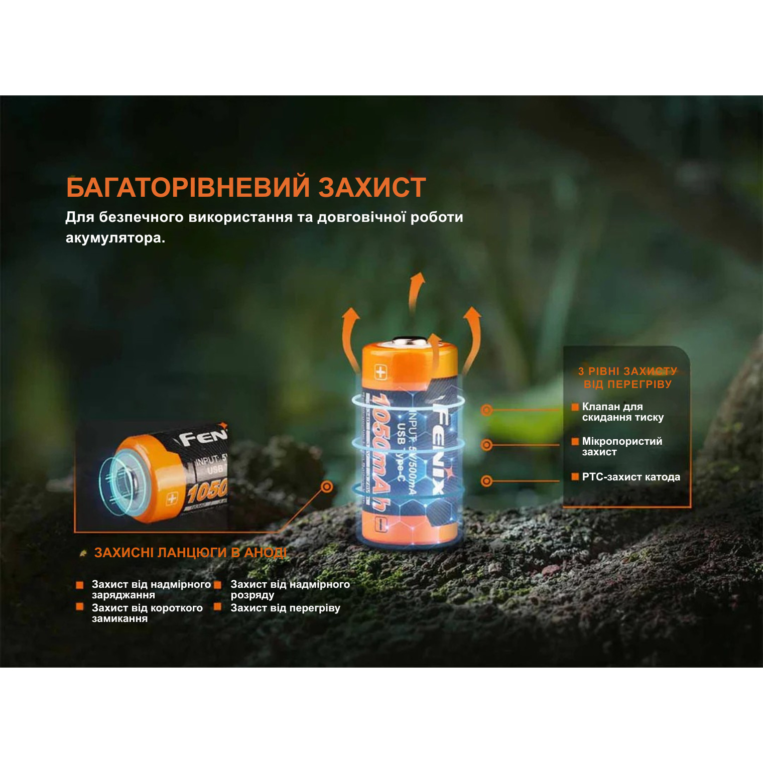 Аккумулятор FENIX Li-Ion 16340 1050mAh 3.6V, USB-C зарядка (ARB-L16-1050UP)
