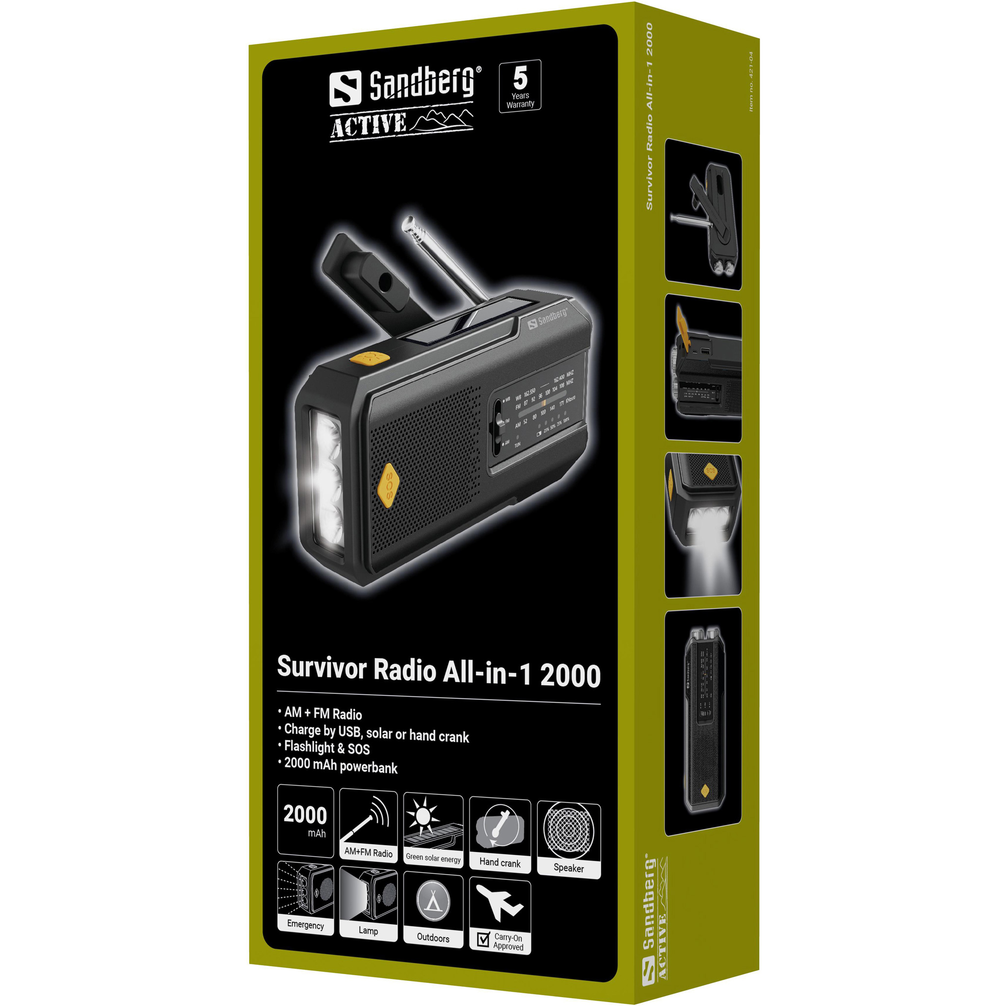 Радиоприёмник с солнечной панелью и фонарём SANDBERG Survivor Radio All-in-1 2000 (421-04)