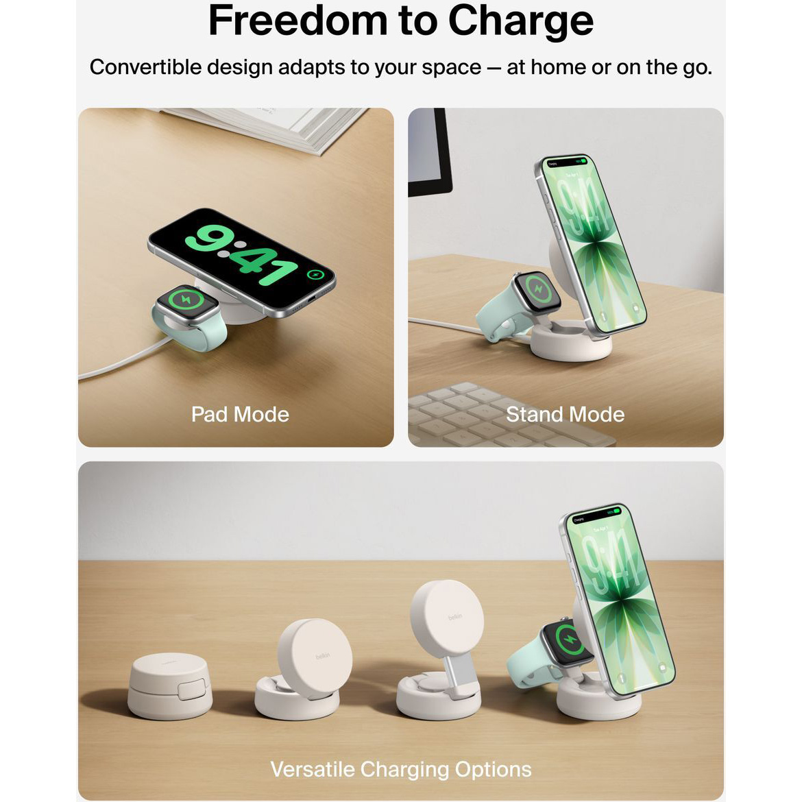 Беспроводное зарядное устройство BELKIN UltraCharge Pro 2-in-1 Convertible Magnetic Charging Dock Sand (WIZ043KQSD)