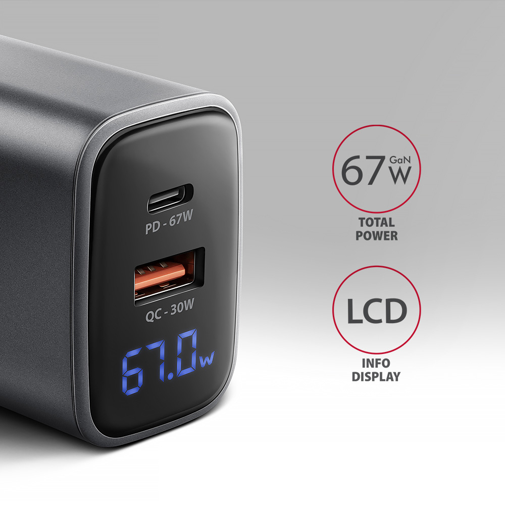 Зарядний пристрій AXAGON 1xUSB-A QC4.0, 1xUSB-C PD45W, LCD Black