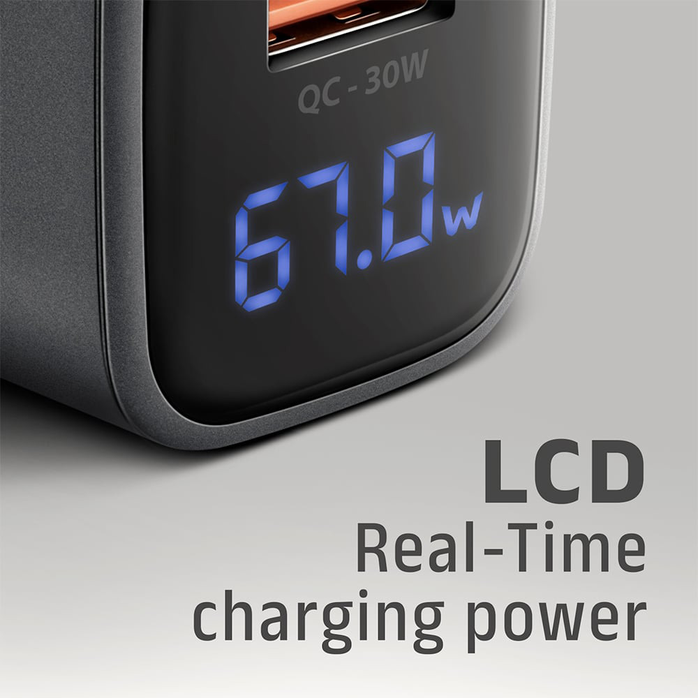 Зарядний пристрій AXAGON 1xUSB-A QC4.0, 1xUSB-C PD45W, LCD Black
