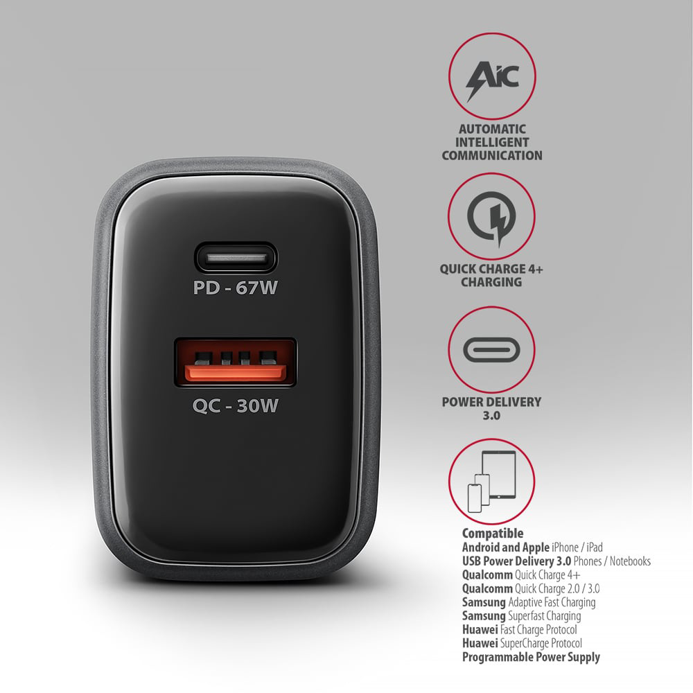 Зарядний пристрій AXAGON 1xUSB-A QC4.0, 1xUSB-C PD45W, LCD Black
