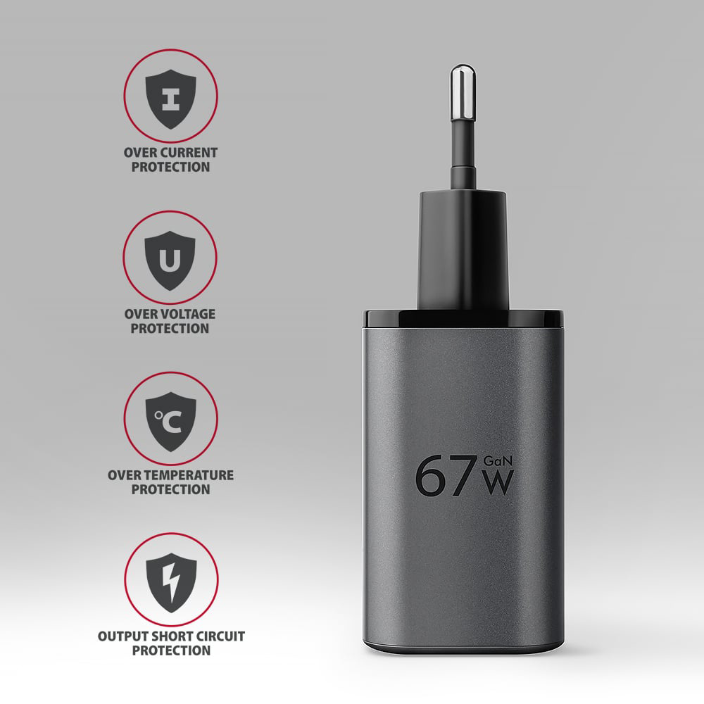 Зарядний пристрій AXAGON 1xUSB-A QC4.0, 1xUSB-C PD45W, LCD Black