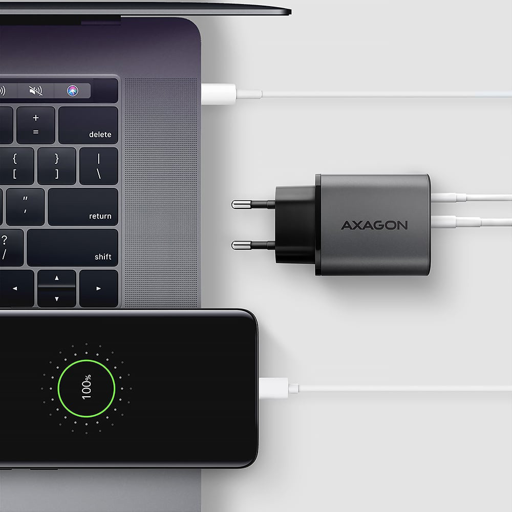 Зарядний пристрій AXAGON 1xUSB-A QC4.0, 1xUSB-C PD45W, LCD Black