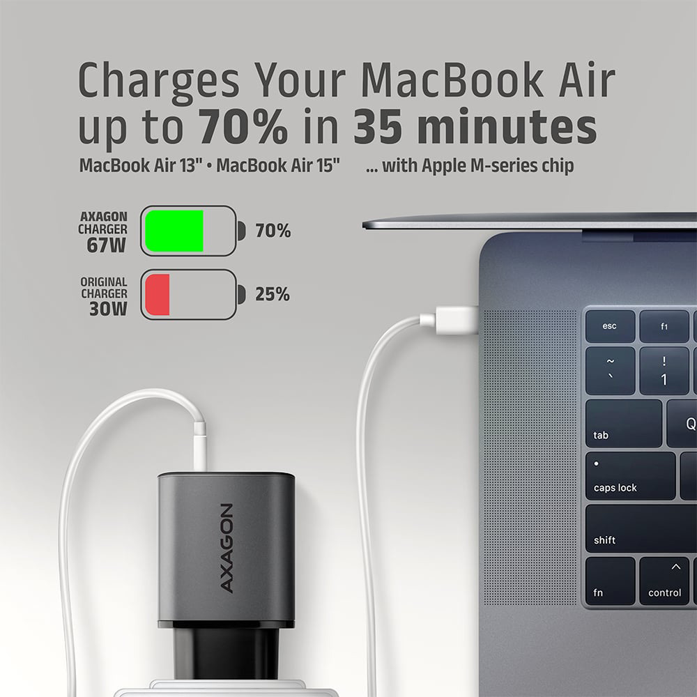 Зарядний пристрій AXAGON 1xUSB-A QC4.0, 1xUSB-C PD45W Black