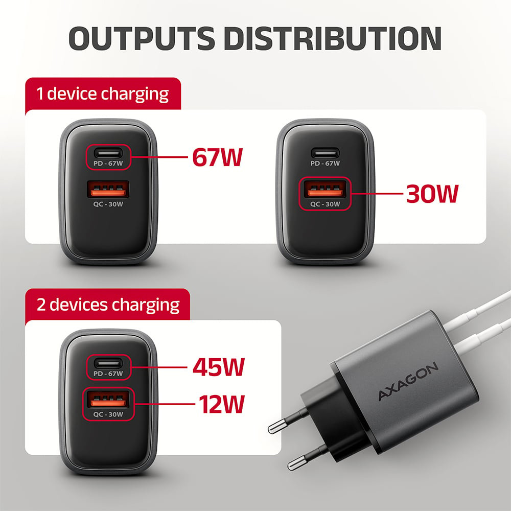 Зарядний пристрій AXAGON 1xUSB-A QC4.0, 1xUSB-C PD45W Black