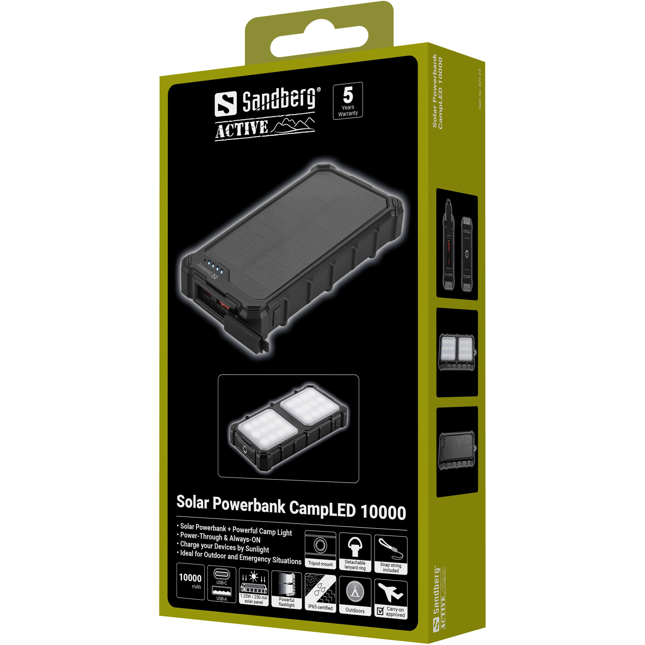 Повербанк з сонячною батареєю SANDBERG Solar Powerbank CampLED 22.5W 10000mAh (421-23)