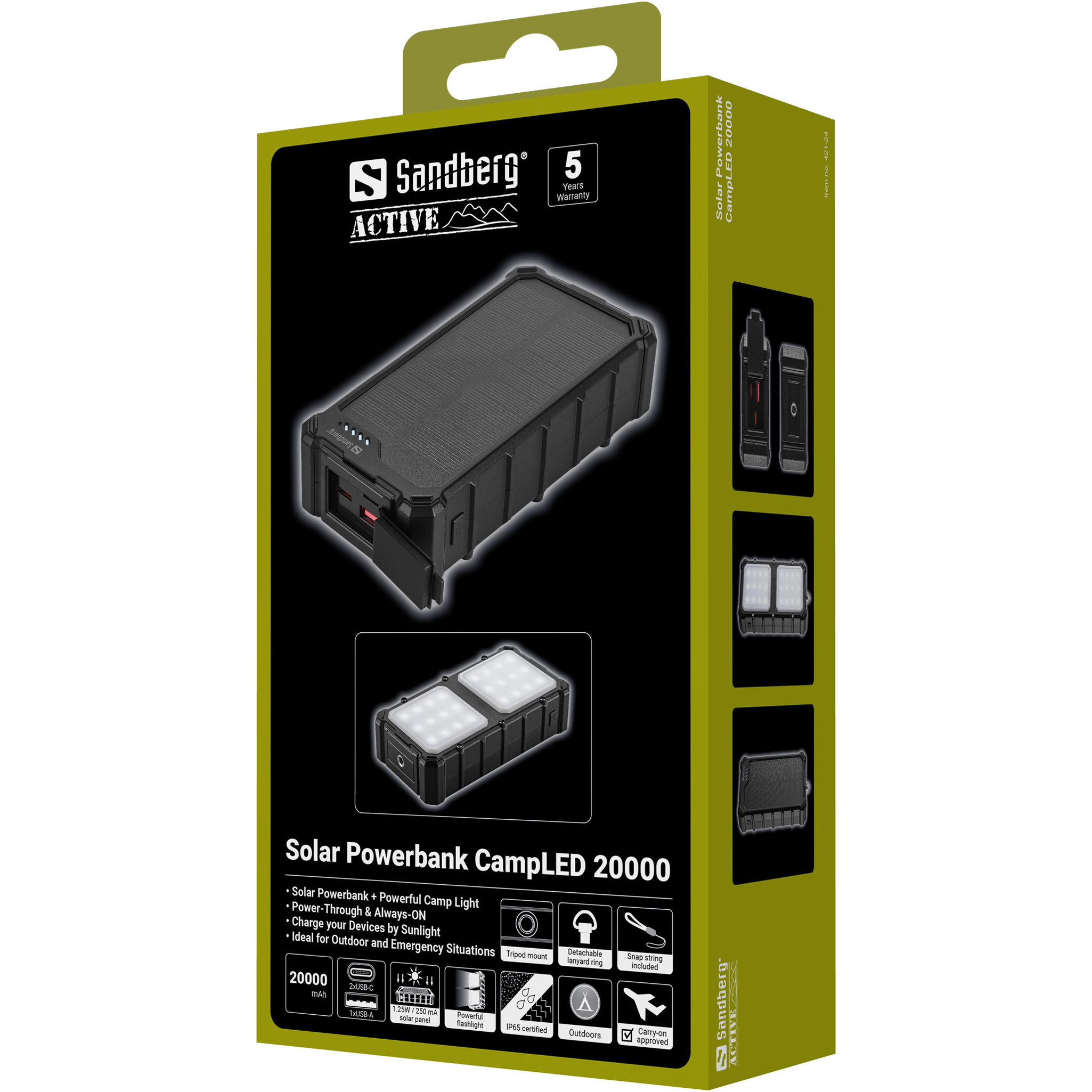 Повербанк з сонячною батареєю SANDBERG Solar Powerbank CampLED 22.5W 20000mAh (421-24)