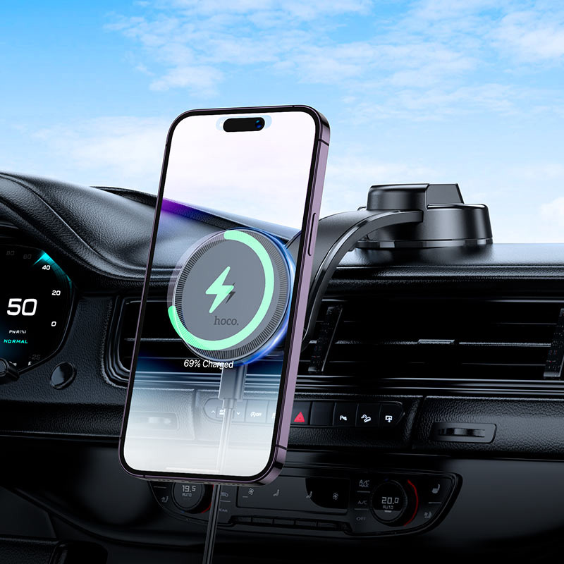 Автотримач з бездротовою зарядкою HOCO HW25 Neon Magnetic Wireless Charging Center Console Car Holder Black