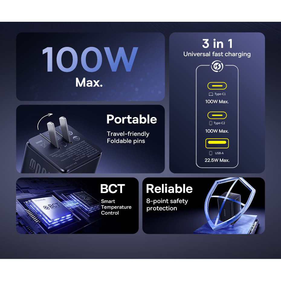 Зарядний пристрій BASEUS OS-Baseus EnerFill FE11 Fast Charger 2C+U 100W Cosmic Black (P10182102123-00)