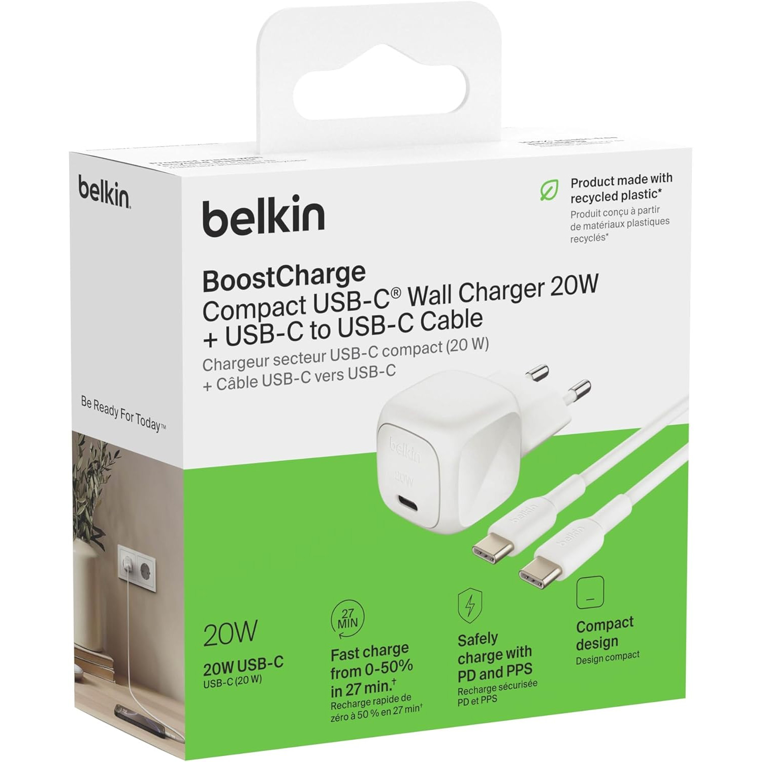 Зарядний пристрій BELKIN BoostCharge Compact USB-C Wall Charger 20W White w/Type-C cable (WCA009KQ1MWH-B6)