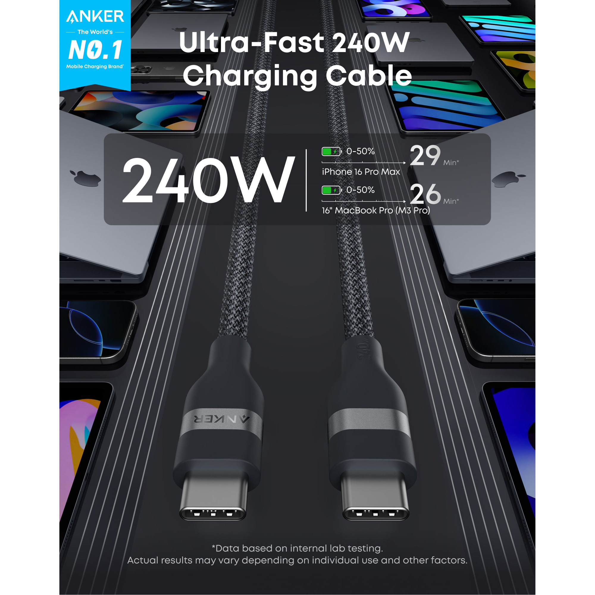Кабель ANKER Upcycled-Braided USB-C to USB-C 240W 1.8м Black (A82E2H12)