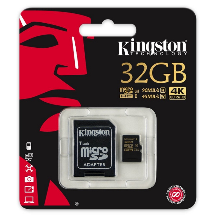 Карта памяти KINGSTON microSDHC Gold 32GB UHS-I U3 Class 10 + SD-adapter (SDCG/32GB)