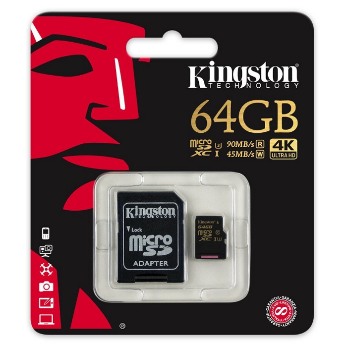 Карта памяти KINGSTON microSDXC Gold 64GB UHS-I U3 Class 10 + SD-adapter (SDCG/64GB)