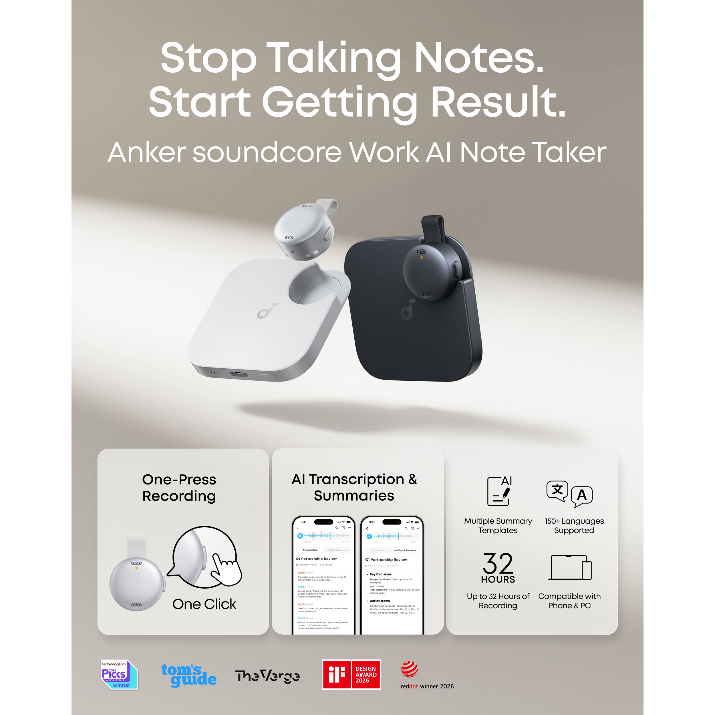 AI диктофон ANKER SoundCore Work White (D3200G21)