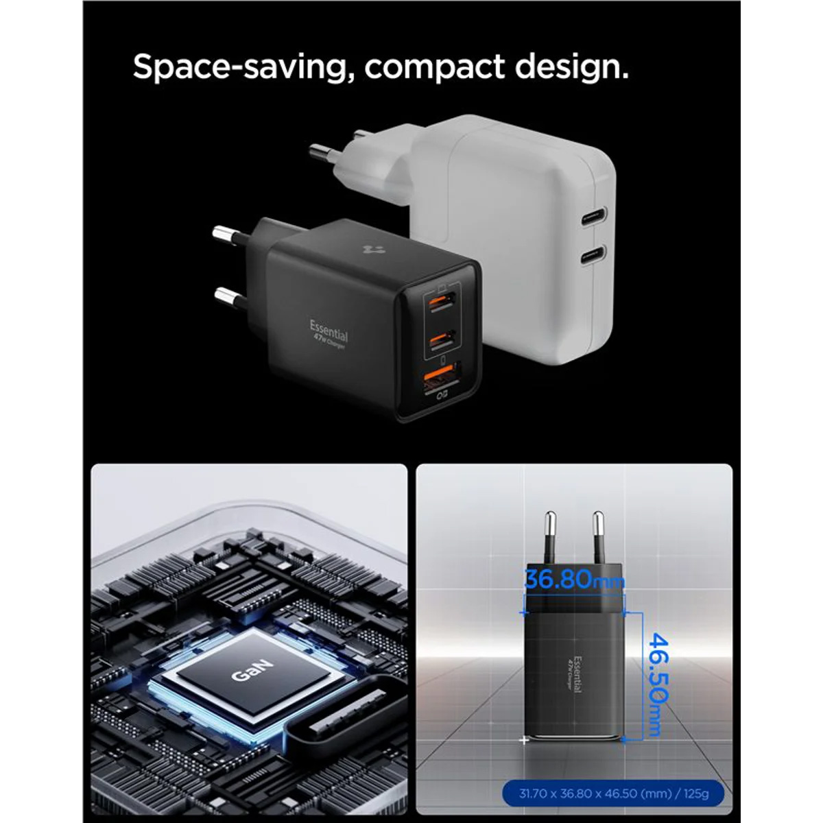 Зарядное устройство SPIGEN Essential 47W Wall Charger 2xUSB-C, 1xUSB-A Black (ACH09465)