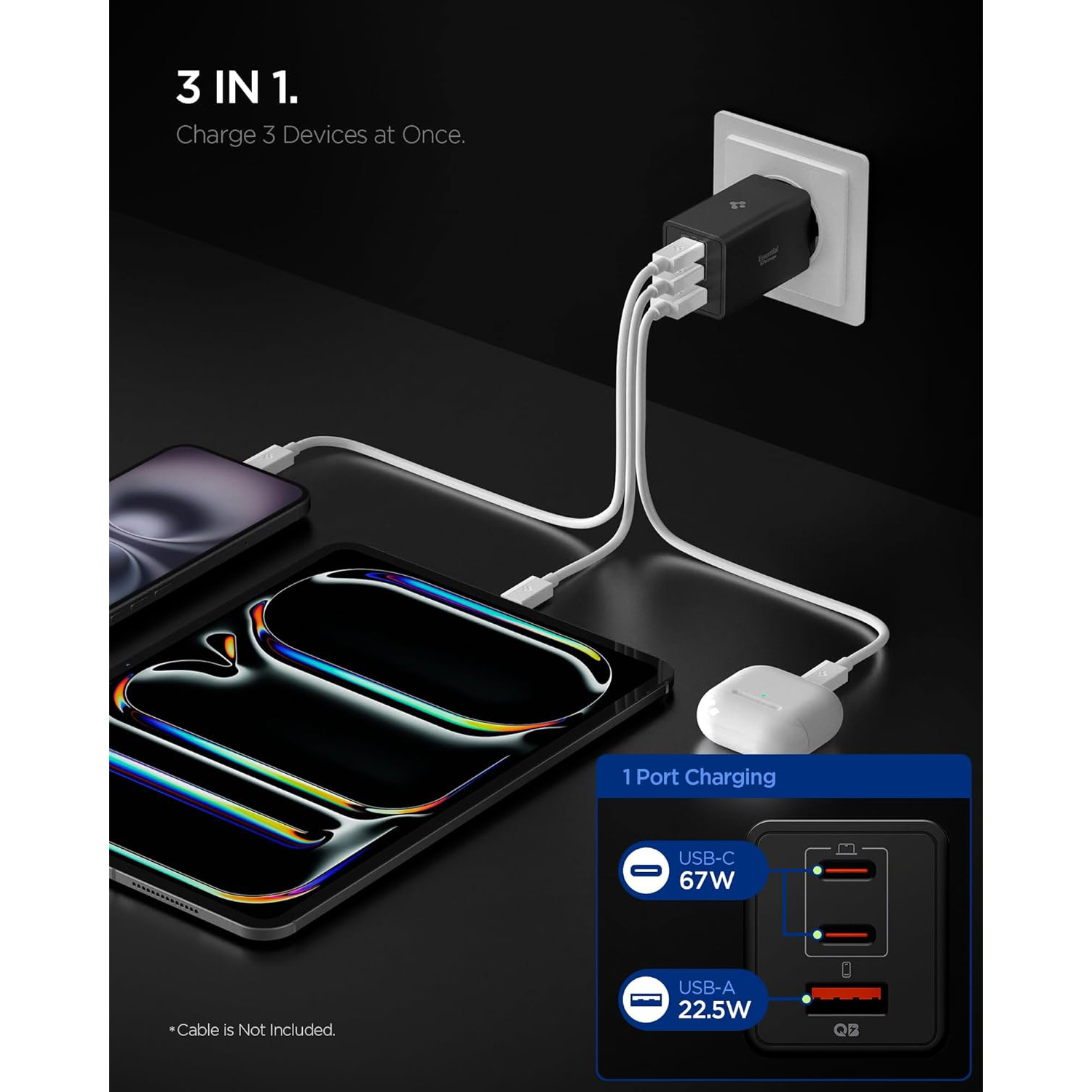 Зарядное устройство SPIGEN Essential 67W Wall Charger 2xUSB-C, 1xUSB-A Black (ACH09458)