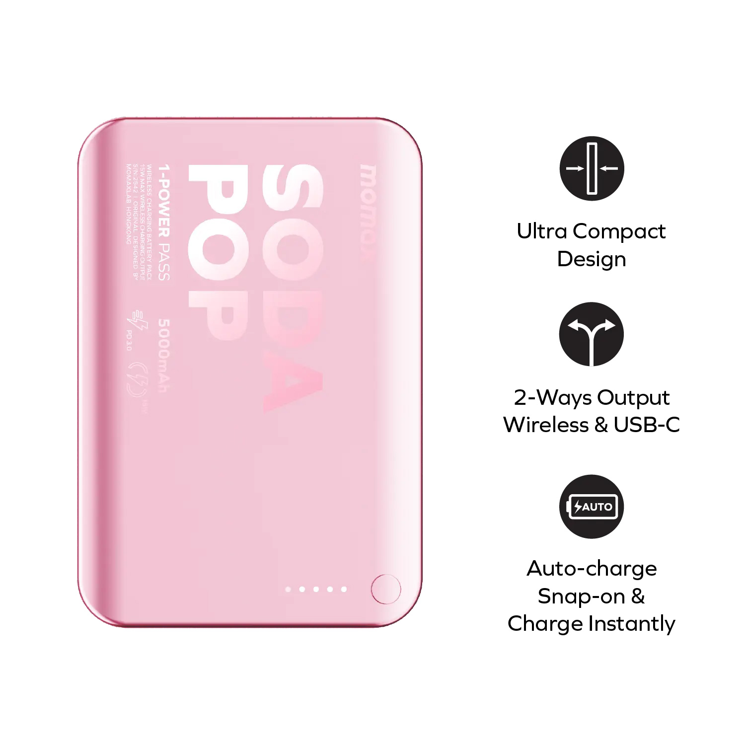Повербанк с беспроводной зарядкой MOMAX 1-Power Pass Battery Pack 20W 5000mAh Pink (IP165P)
