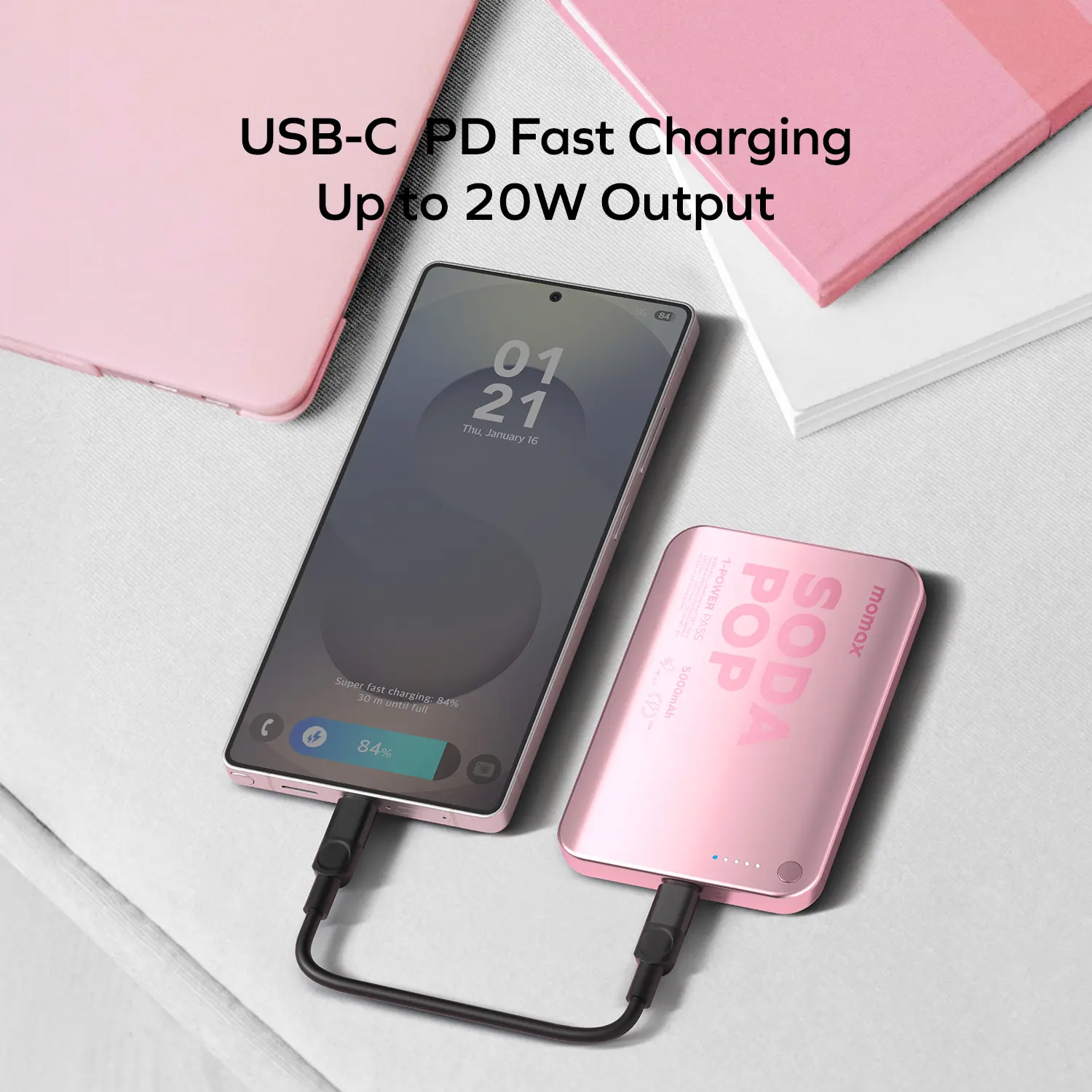 Повербанк с беспроводной зарядкой MOMAX 1-Power Pass Battery Pack 20W 5000mAh Pink (IP165P)