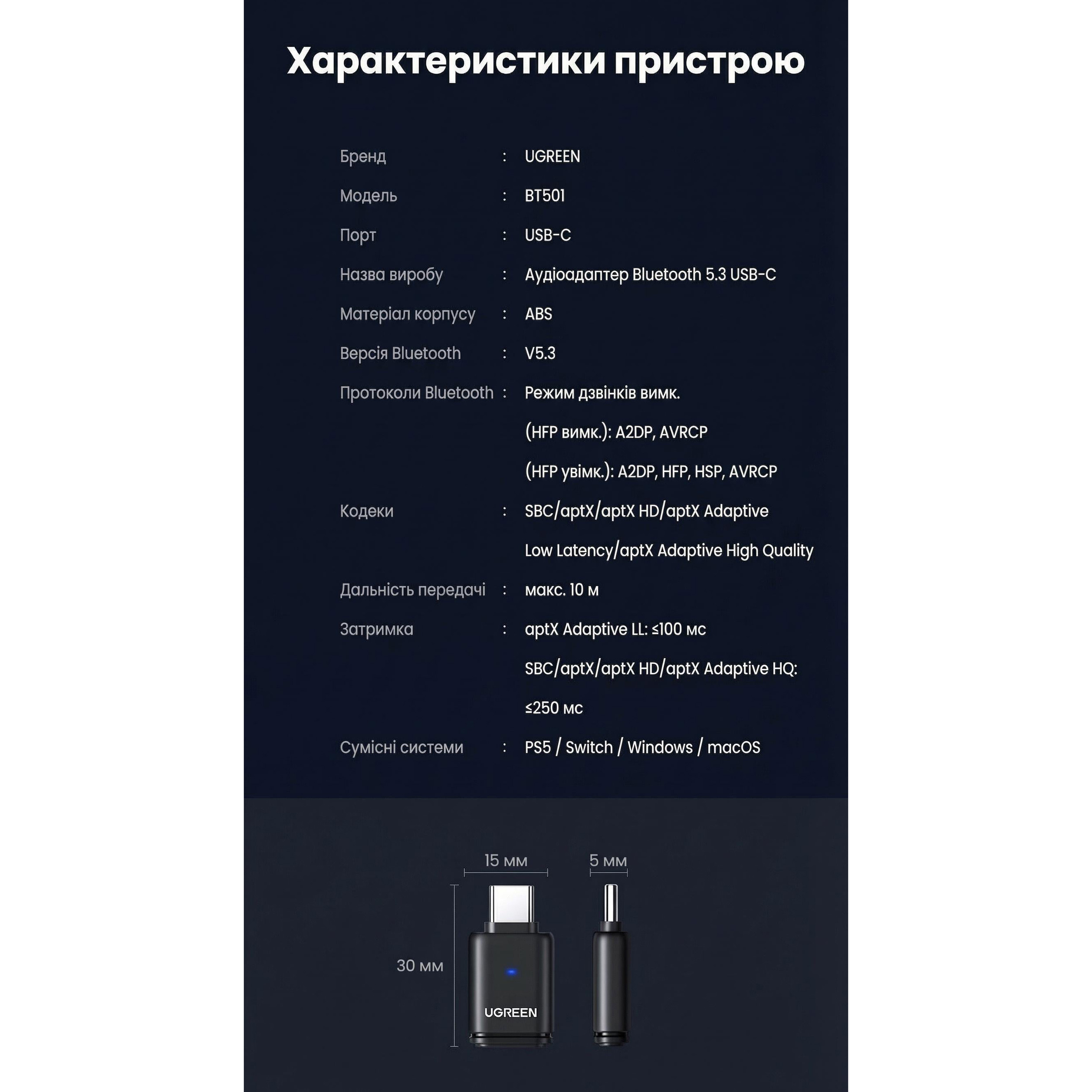 Bluetooth аудио адаптер UGREEN BT501 PC/PS5/Switch aptX Bluetooth 5.3 Transmitter (45008)