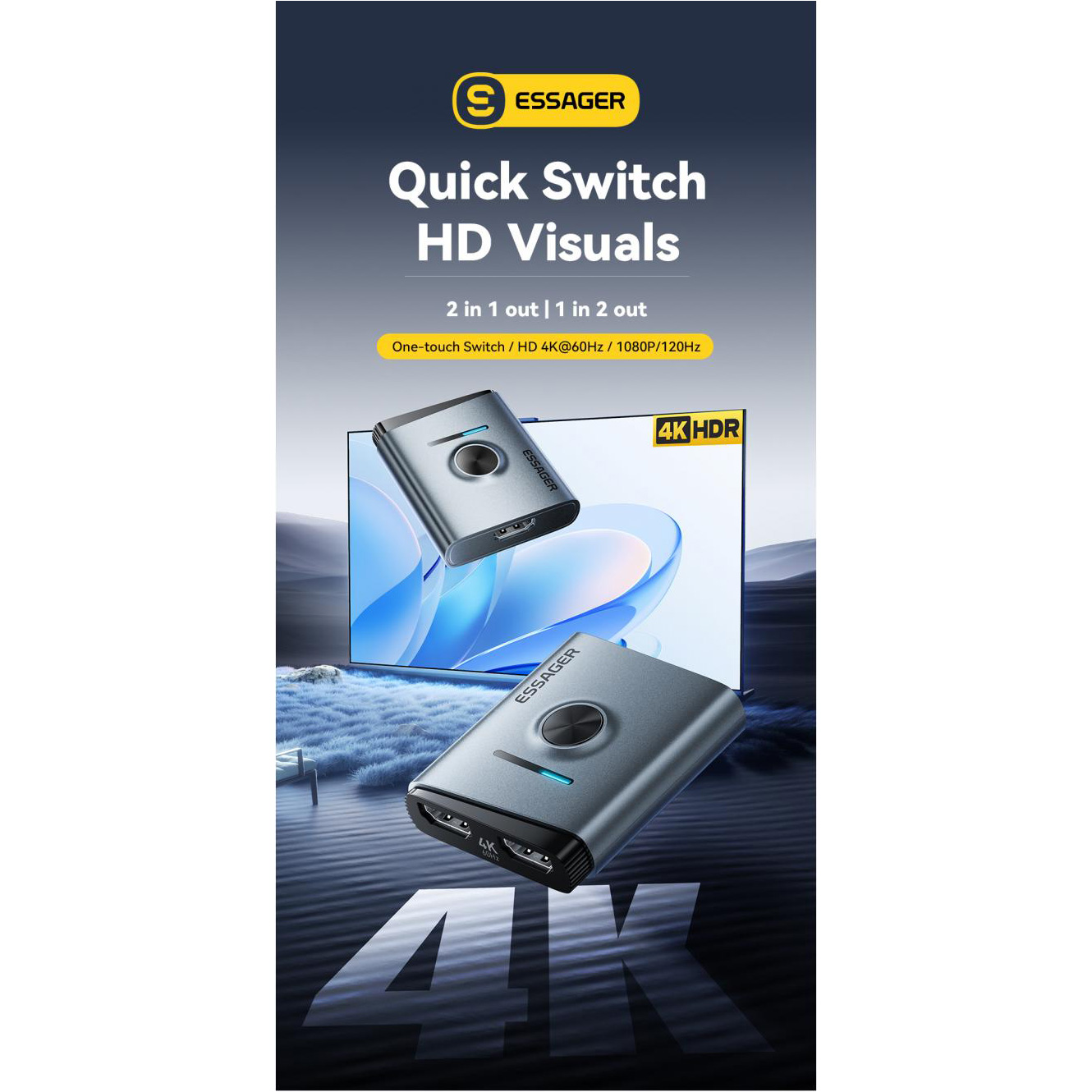 HDMI свитч 2 to 1 ESSAGER 4K@60Hz HDMI 2.0 2-in-1 Splitter Switch (EQHH2-HX0G-Z)