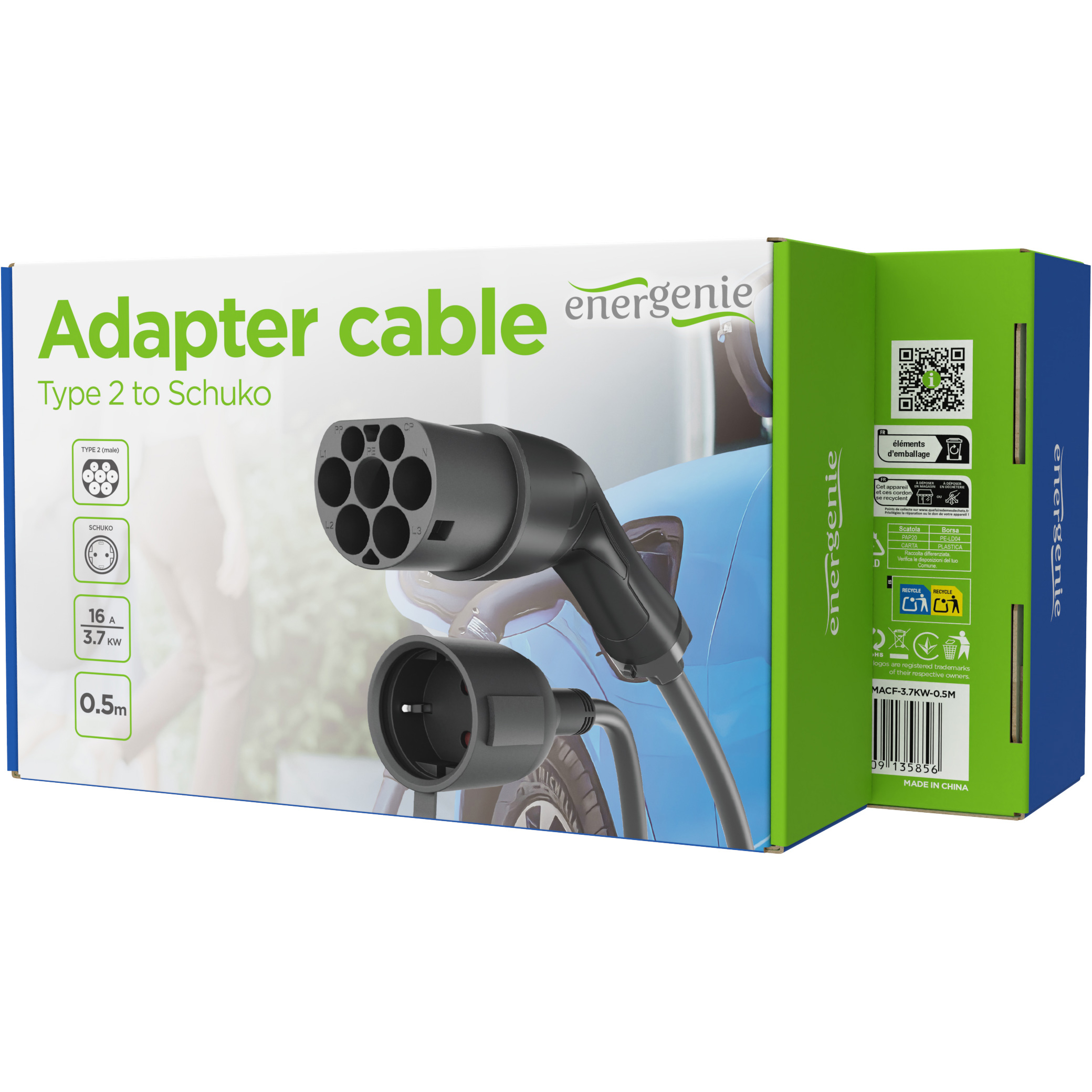 Адаптер для зарядного устройства ENERGENIE Type 2 - Schuko, 3.7кВт, 16A, 220V, 0.5м