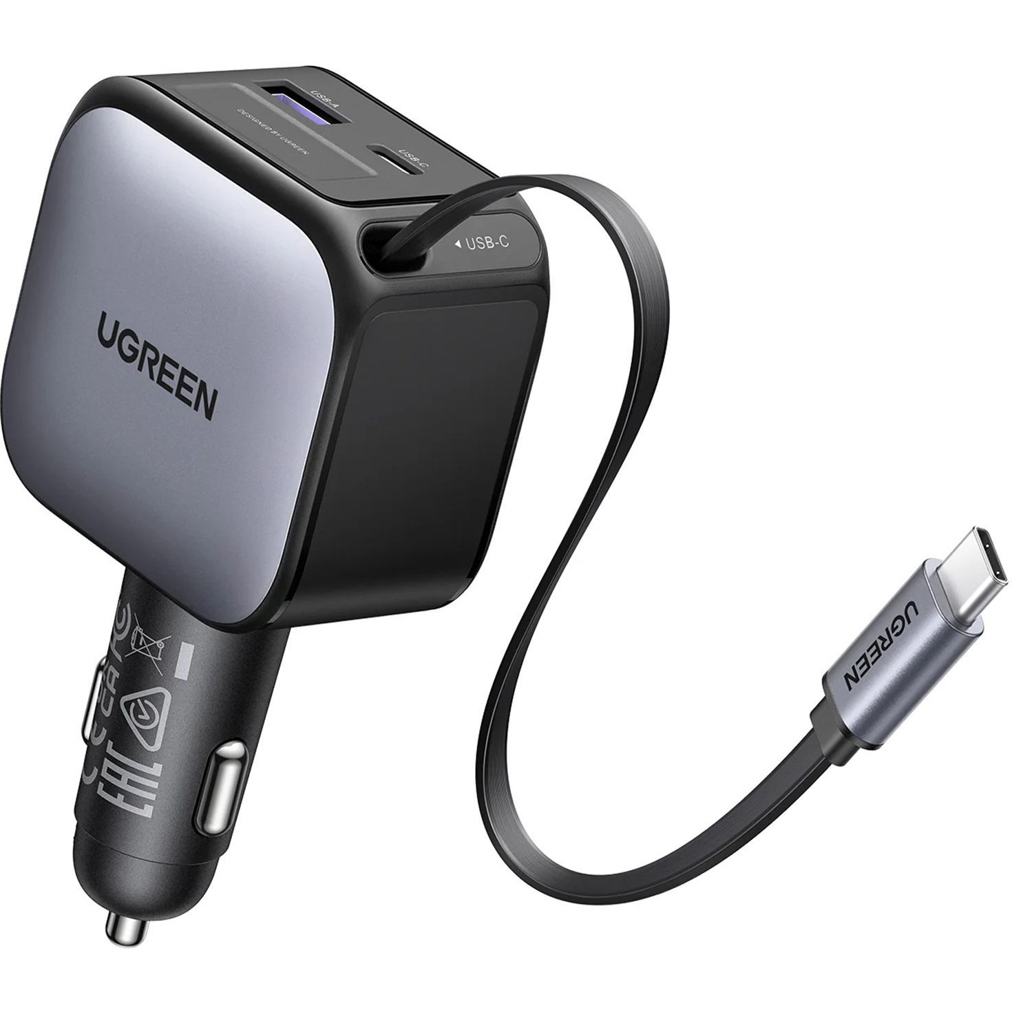Автомобильное зарядное устройство UGREEN Nexode Car Charger 90W with Retractable USB-C Cable Space Gray (55909B)