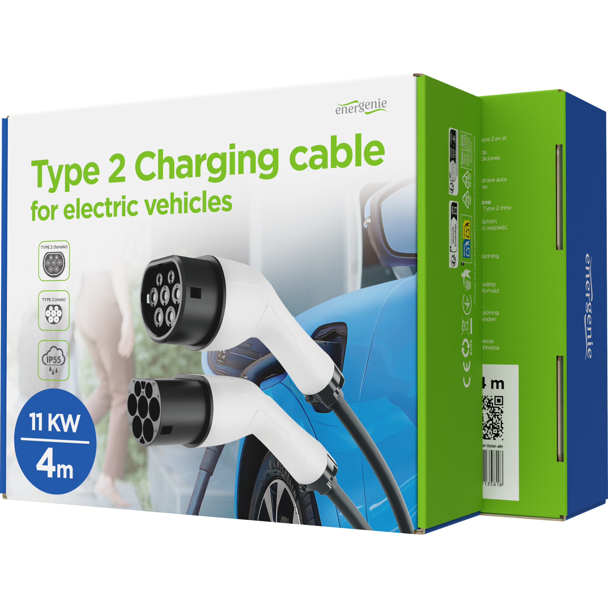 Зарядный кабель для электромобилей ENERGENIE Type 2 - Type 2, 11кВт, 16A, 380V, 4м