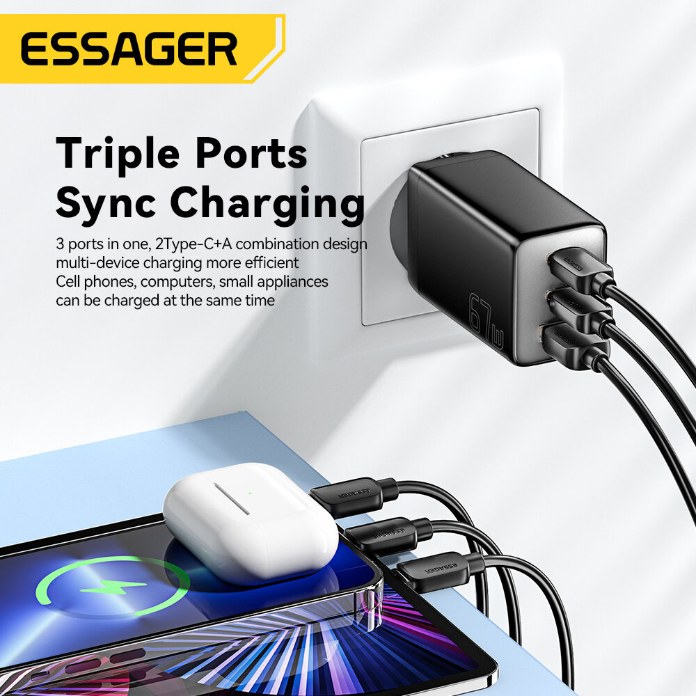 Зарядное устройство ESSAGER 67W GaN Travel Charger 2C+1A Black (ECT67W-LJB01-Z)
