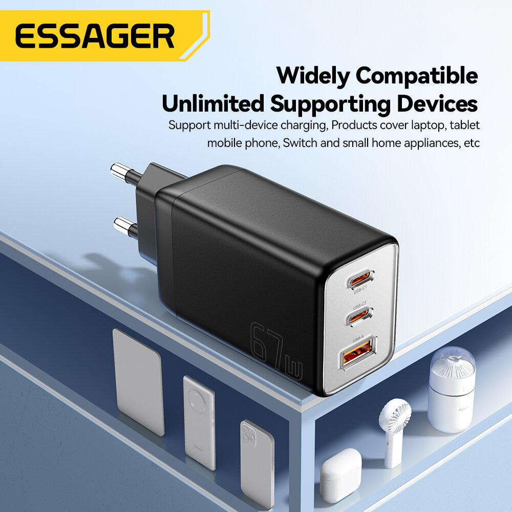 Зарядное устройство ESSAGER 67W GaN Travel Charger 2C+1A Black (ECT67W-LJB01-Z)