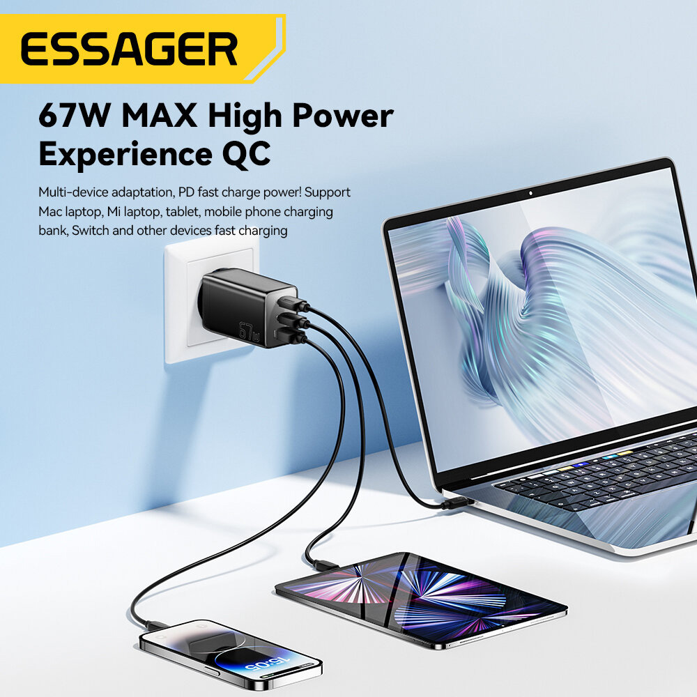 Зарядное устройство ESSAGER 67W GaN Travel Charger 2C+1A Black (ECT67W-LJB01-Z)