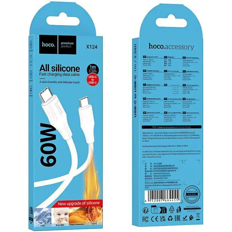 Кабель HOCO X124 Bien Type-C to Type-C 1м White
