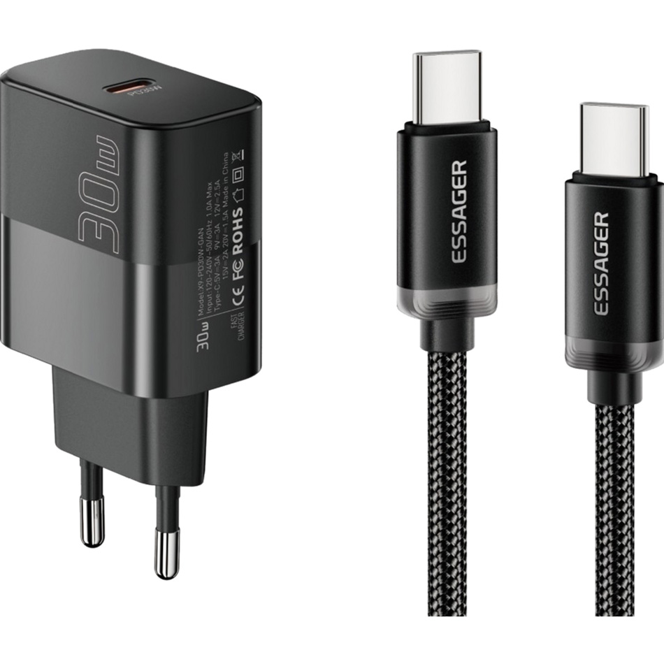 Зарядное устройство ESSAGER GaN PD30W Travel Charger Black w/Type-C cable (E30JSB1-SYTT1-T)