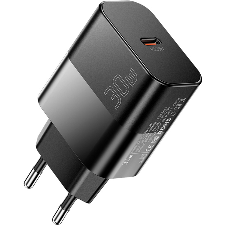 Зарядное устройство ESSAGER GaN PD30W Travel Charger Black w/Type-C cable (E30JSB1-SYTT1-T)